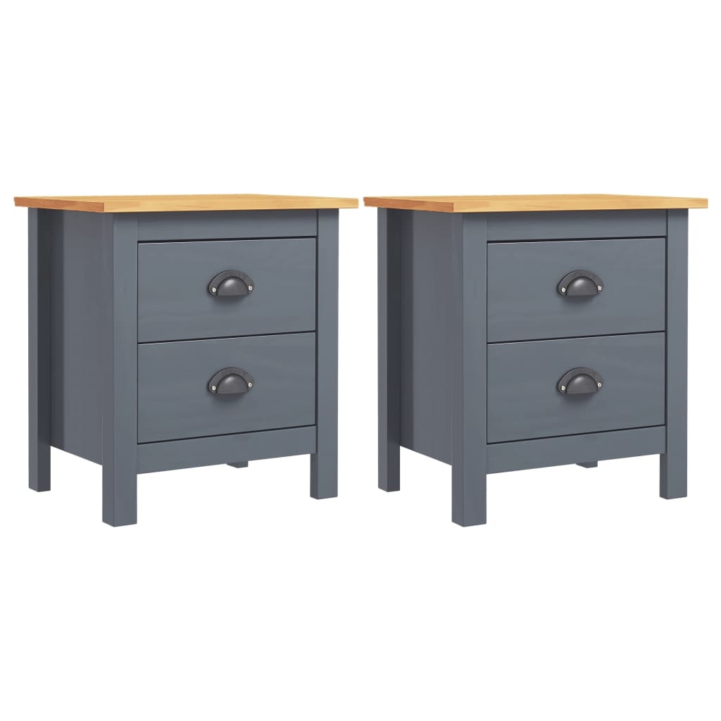 Set 2 noptiere cu 2 sertare Hill Range, vidaXL, Lemn masiv de pin, 46 x 35 x 49,5 cm, Gri/Maro