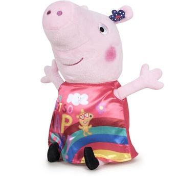 Jucarie de plus, Peppa Pig Happy Oink, roz cu imbracaminte multicolora, inaltime 20 cm, model 5 Jucarie de plus, Peppa Pig Happy Oink, roz cu imbracaminte multicolora, inaltime 20 cm, model 5