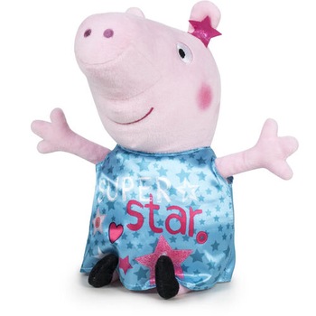 Jucarie de plus, Peppa Pig Happy Oink, roz cu imbracaminte multicolora, inaltime 20 cm, model 1 Jucarie de plus, Peppa Pig Happy Oink, roz cu imbracaminte multicolora, inaltime 20 cm, model 1