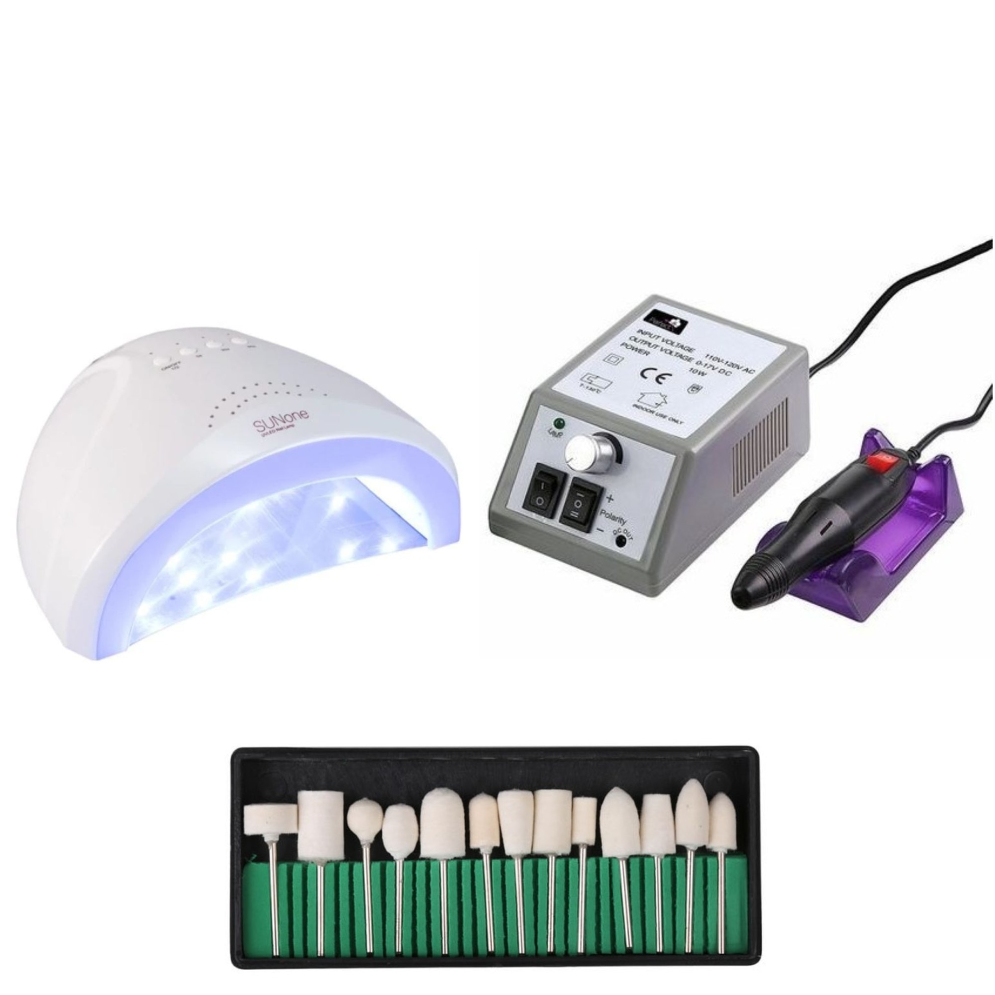 Kit unghii false, Lampa LED, Model SUN ONE, 48 W, Freza electrica profesionala, 20.000 rpm, si Set 13 capete de lucru universale