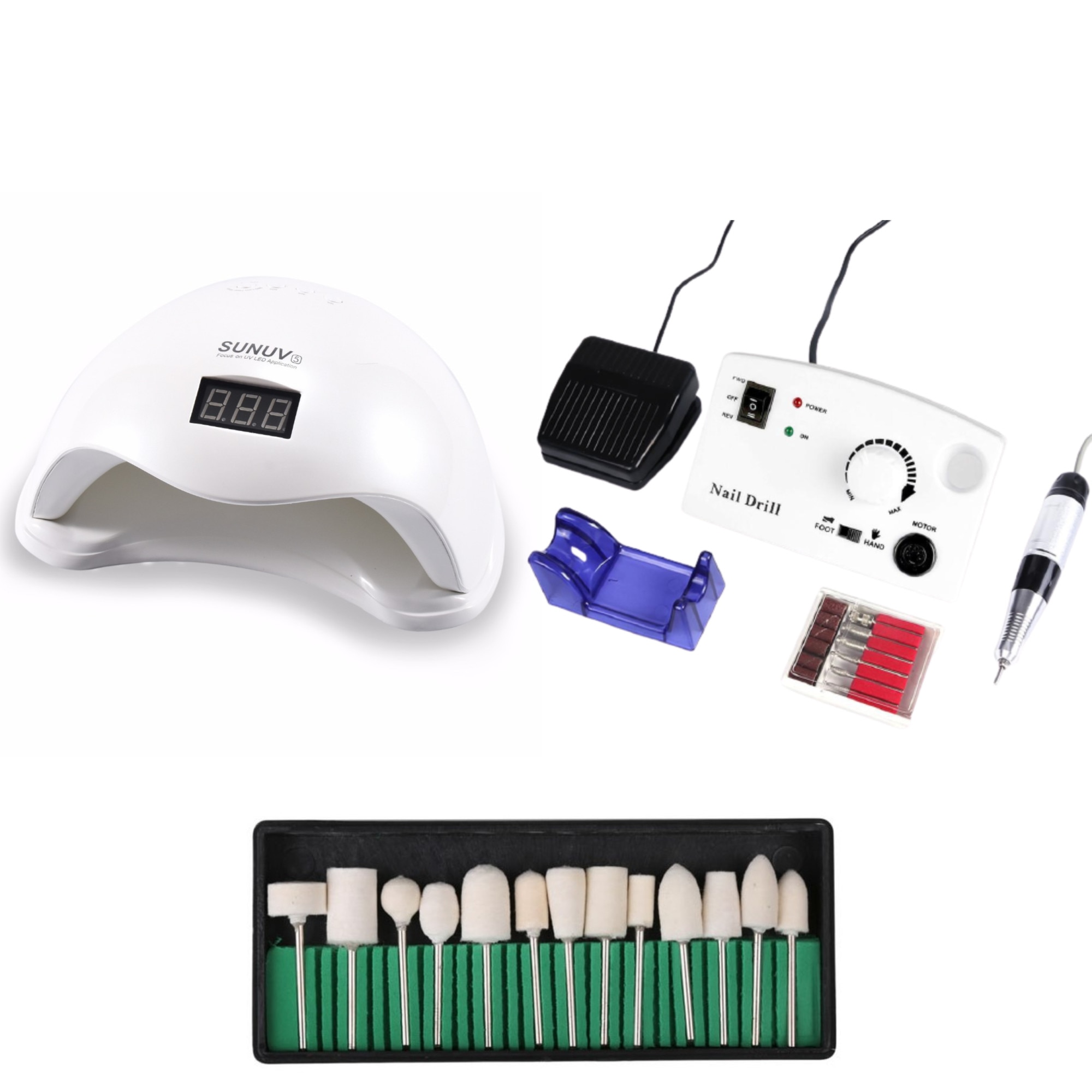 Kit unghii false, Lampa LED, Model SUN 5, 48 W, Freza electrica profesionala, 30.000 rpm, si Set 13 capete de lucru universale