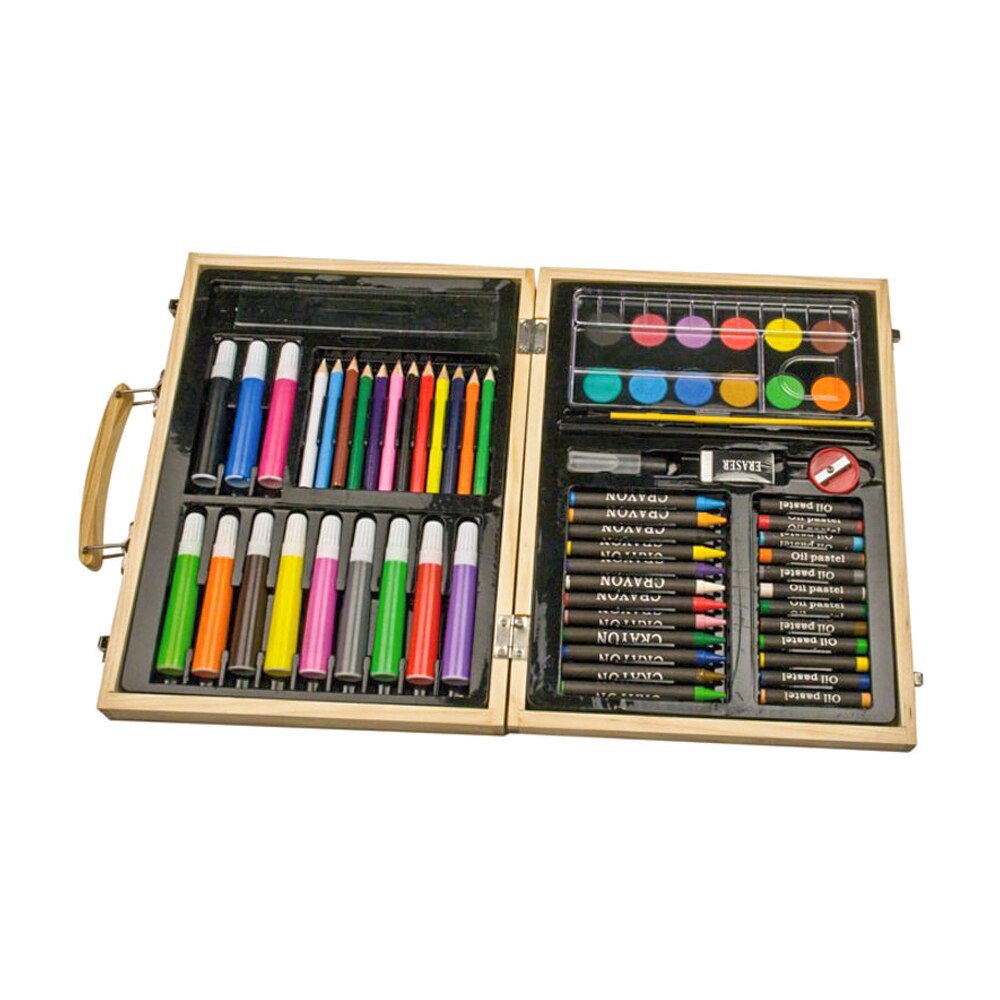 Set de desenat si pictat, 55 piese in cutie eleganta din lemn, pentru copii