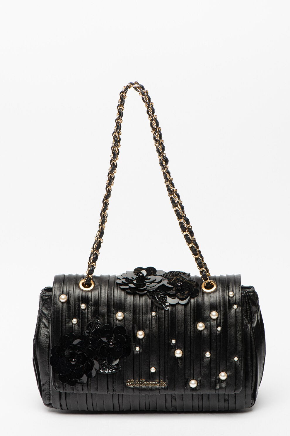 Tosca Blu, Geanta de piele ecologica cu bareta de umar si perle Coccola, Negru