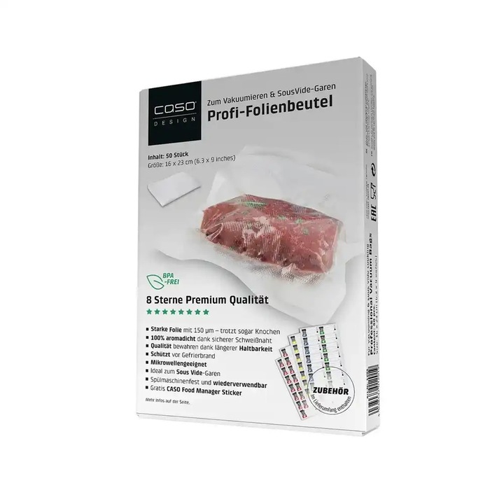 Set de 50 pungi pentru vidat universale Caso Germany, 16 x 23 cm, reutilizabile, rezistente la rupere si temperaturi inalte - pana in 100°C, include autocolante practice pentru organizarea continutului