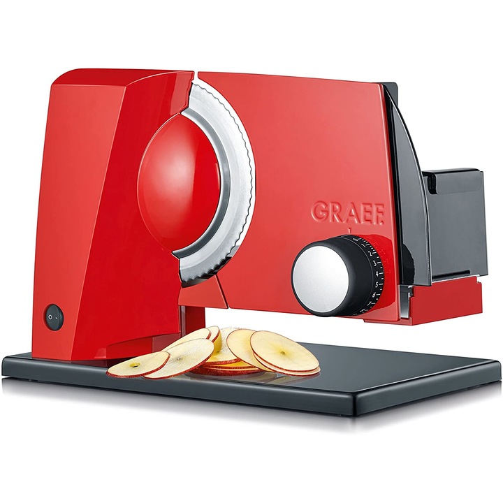 Feliator electric alimente Graef, SlicedKitchen S11003, cu placa de acoperire a lamei pentru feliere perfecta, motor Eco, design compact, multifunctional, rosu