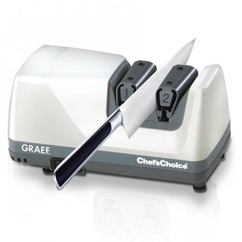 Dispozitiv electric profesional pentru ascutit cutite Graef, CC105, cu doua faze (ascutire/slefuire), discuri de ascutire diamantate, alb Dispozitiv electric profesional pentru ascutit cutite Graef, CC105, cu doua faze (ascutire/slefuire), discuri de ascutire diamantate, alb
