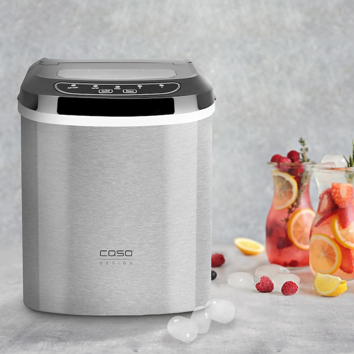 Masina de facut gheata cuburi Caso Germany, IceMaster Pro, cu compresor, capacitate 12 kg/24h, ciclu productie 6-13 minute, capacitate rezervor 2.2 litri, 2 marimi pentru cuburi, indicator LED, capac transparent, tava detasabila, argintiu