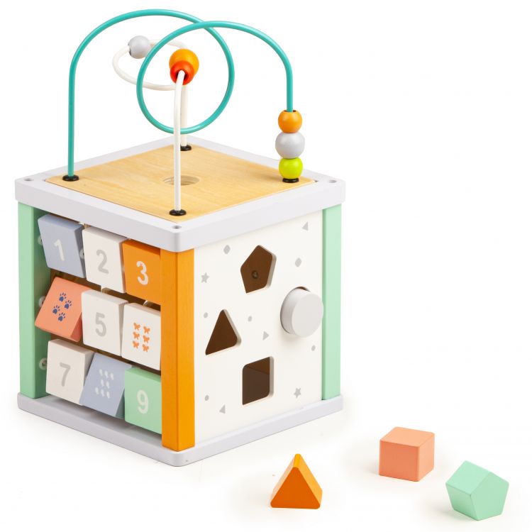 Sortator iMK® in forma de cub, pereti interactivi cu puzzle, labirint cu animale si roti, piese din lemn fara margini ascutite si vopsea eco-friendly