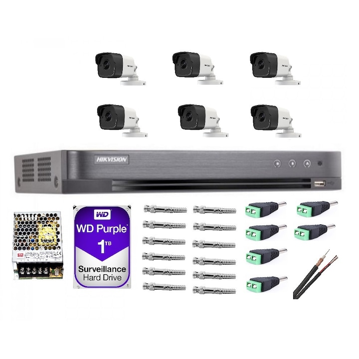 Kit supraveghere video Hikvision 8MP, cu 4 camere 8MP de exterior/interior si HDD 1 TB cu accesorii montaj MK609