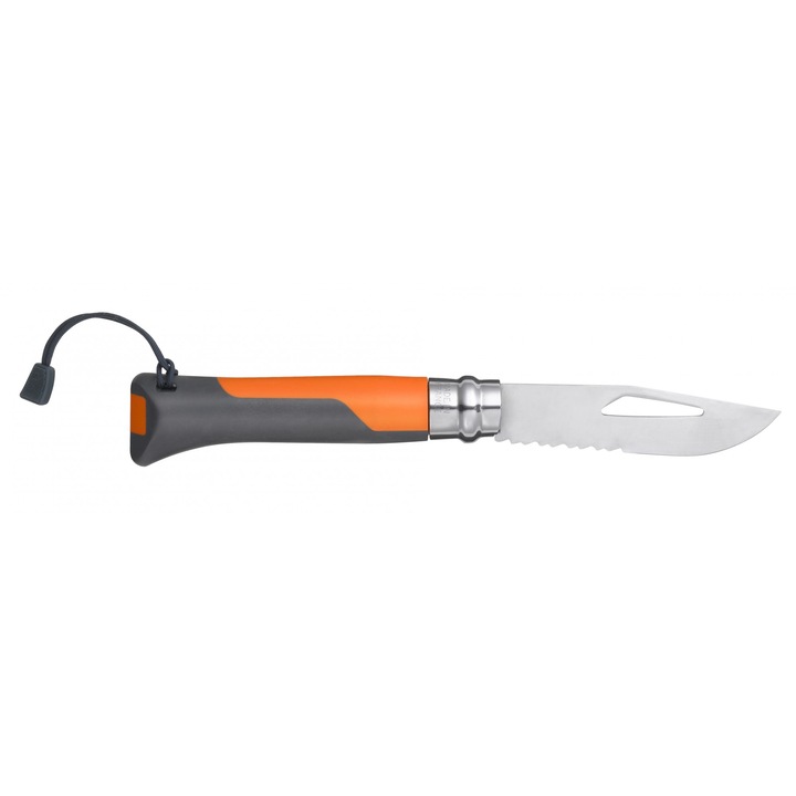 Briceag Pliabil de Buzunar Opinel Numarul 8, Lama din Otel Inoxidabil de 8.5 cm, Maner Ergonomic din Polimer Portocaliu cu Sistem de Blocare Virobloc si Fluier Integrat pentru Drumetii si Activitati in Aer Liber
