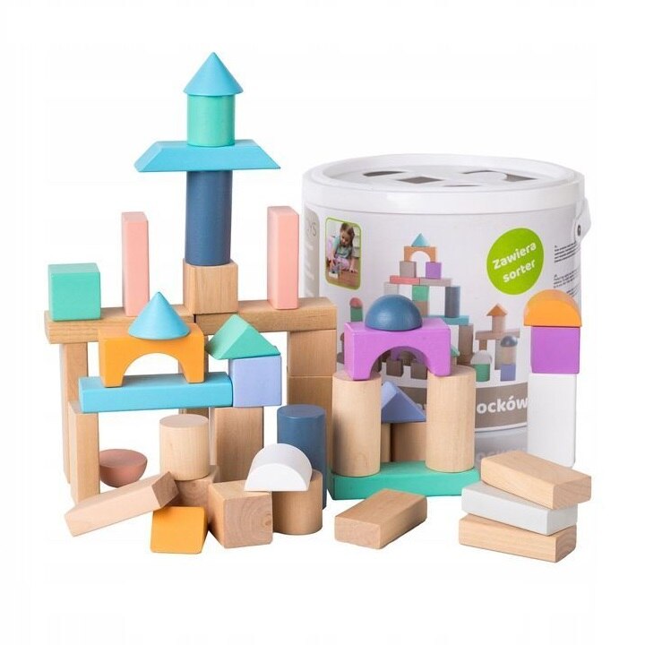 Set iMK® blocuri de constructie, 50 de bucati, contine diferite forme din lemn cu margini rotunjite, si sortator