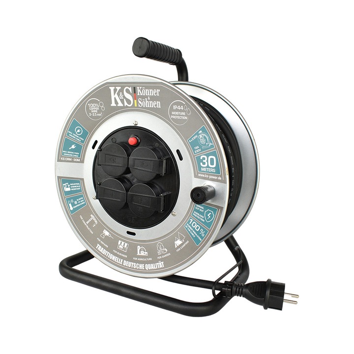 Prelungitor cu tambur KS CRM-30M Könner & Söhnen, 3600 W, 30 metri, stecher 1 * 16А / 230V, prize 4 * 16А / 230V, cablu 3*2.5 mm 2 din cupru, tambur din metal
