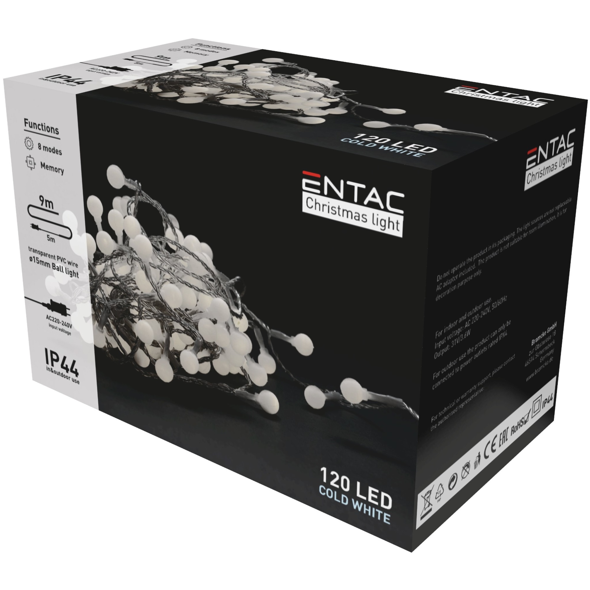Instalatie Craciun LED Entac, 120 LED-uri, 6400K, interior/exterior, lungime 9 m, 8 programe, memorie