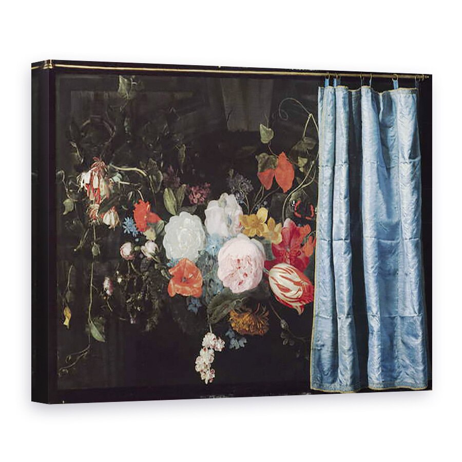 Tablou canvas - Adriaen van Spelt - Trompe-loeil Natura moarta cu o ghirlanda de flori si o cortina, 75 x 100 cm