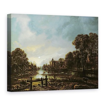 Tablou canvas - Aert van der Neer - Peisajul raului Lunii cu vile pe malurile impadurite, 75 x 100 cm Tablou canvas - Aert van der Neer - Peisajul raului Lunii cu vile pe malurile impadurite, 75 x 100 cm
