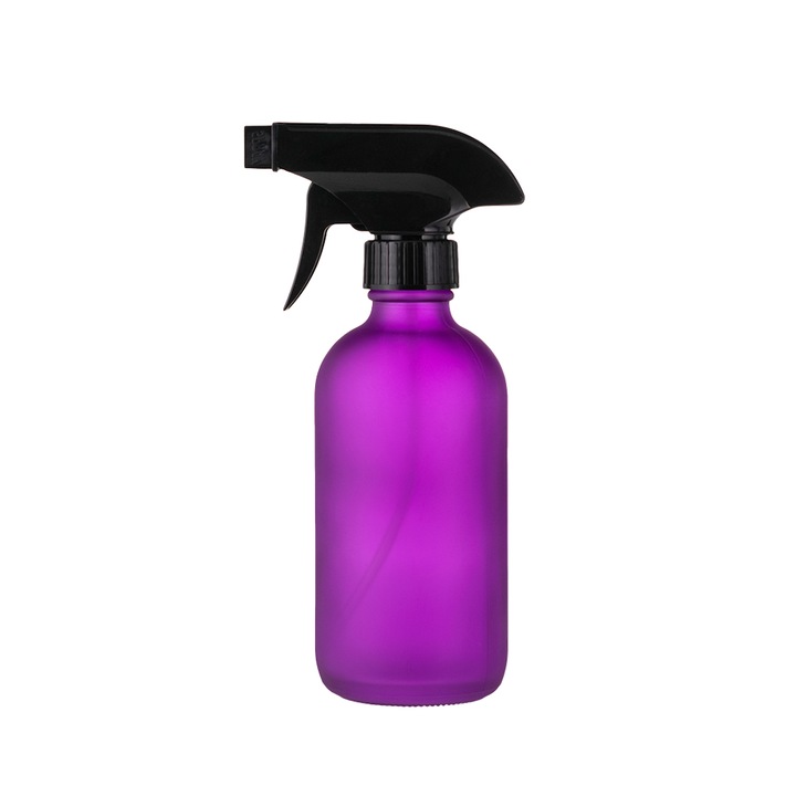 Lila üvegtartály, spray fekete porlasztóval, illóolajokhoz / parfümökhöz / aromaterápiához / higiéniához, DROPY®, 250 ml