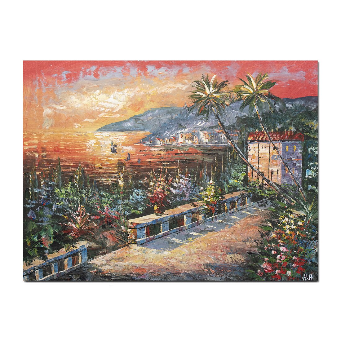 Tablou gigant pictat manual - Priveliste de pe faleza la apus - 120x90cm pictura ulei pe panza