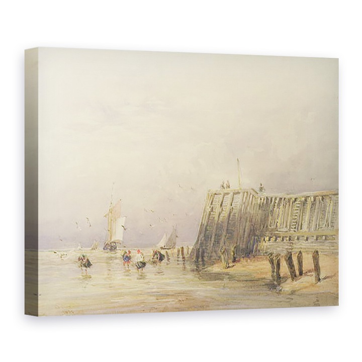 Картина на платно - Дейвид Кокс - Морски пейзаж с плаващи шлепове и фигури, които се разхождат край брега, 50 x 70 cm