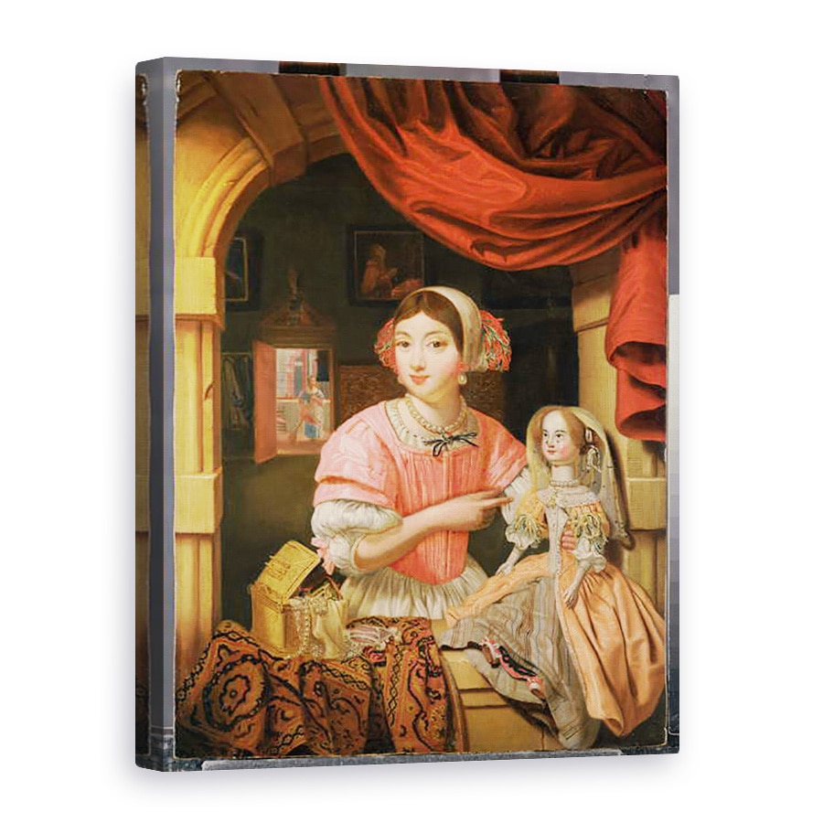 Tablou canvas - Edwaert Colyer - Fata care detine o papusa intr-un interior cu o menajera care matuie in spatele, 50 x 70 cm