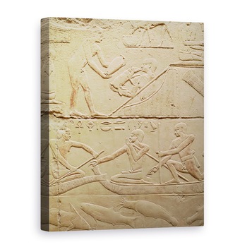 Tablou canvas - Egyptian 6th Dynasty - Relief reprezentand un om ingrijind un purcel nou-nascut si barbati in barci papirus, de la Mastaba lui Kagemni, 50 x 70 cm Tablou canvas - Egyptian 6th Dynasty - Relief reprezentand un om ingrijind un purcel nou-nascut si barbati in barci papirus, de la Mastaba lui Kagemni, 50 x 70 cm