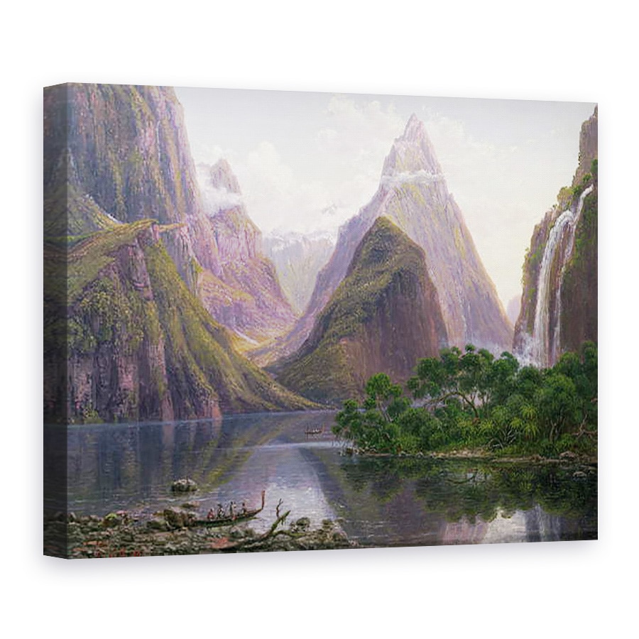 Tablou canvas - Eugen von Guerard - Figurile native intr-o canoe de la Milford Sound, West Coast of South Island, Noua Zeelanda, de asemenea, descrise sunt Mitre Peak si Bowens Fall, 50 x 70 cm