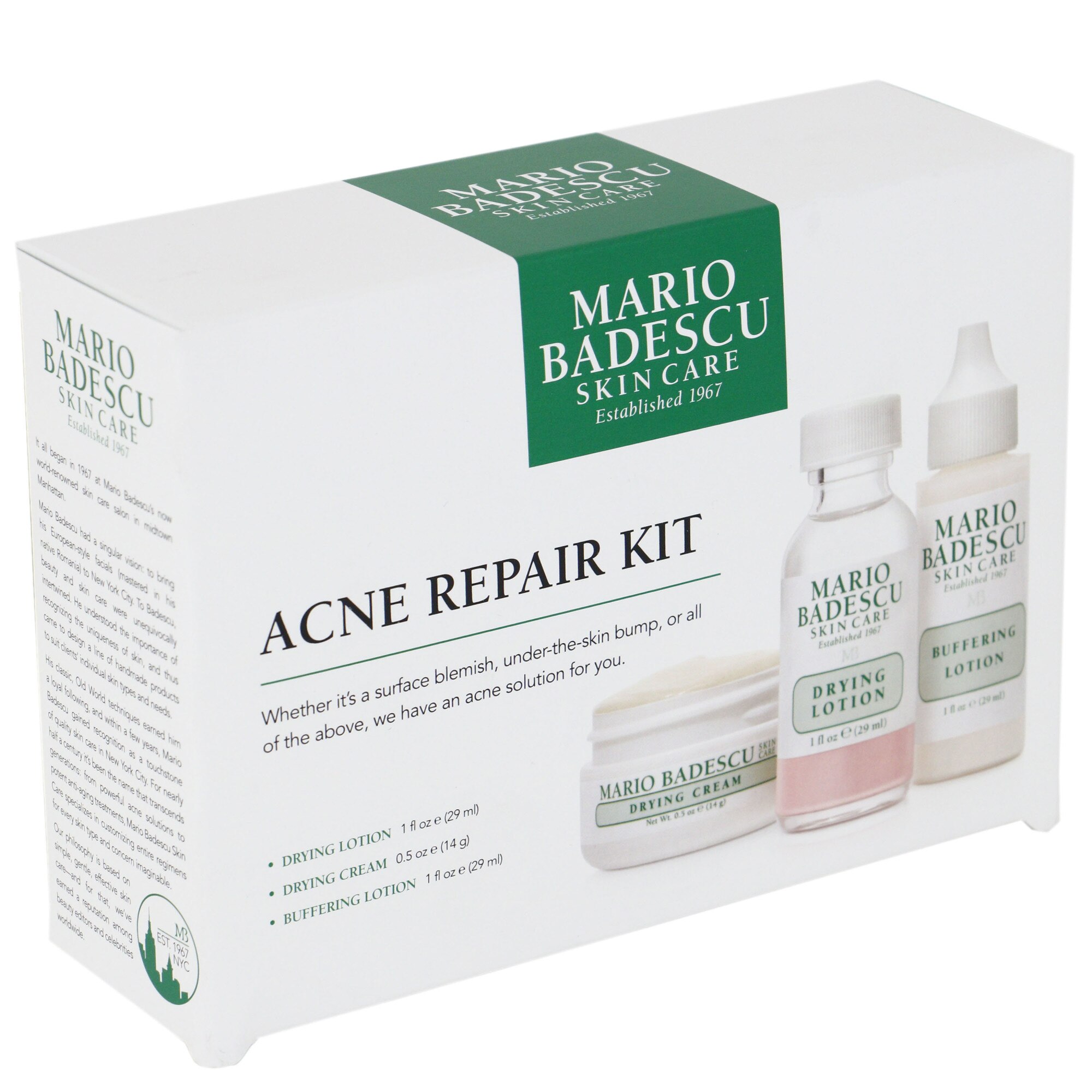 Kit Mario Badeascu Acne Repair: Crema de fata Drying, 14 g + Tratament lotiune Drying, 29 ml + Tratament lotiune Buffering, 29 ml