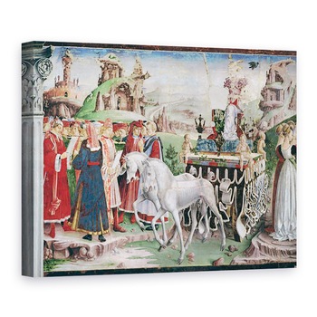 Tablou canvas - Francesco del Cossa - Triumful Minervei, Martie, din Camera Lunilor, detaliu al carului si al grupului de savanti, 75 x 100 cm Tablou canvas - Francesco del Cossa - Triumful Minervei, Martie, din Camera Lunilor, detaliu al carului si al grupului de savanti, 75 x 100 cm