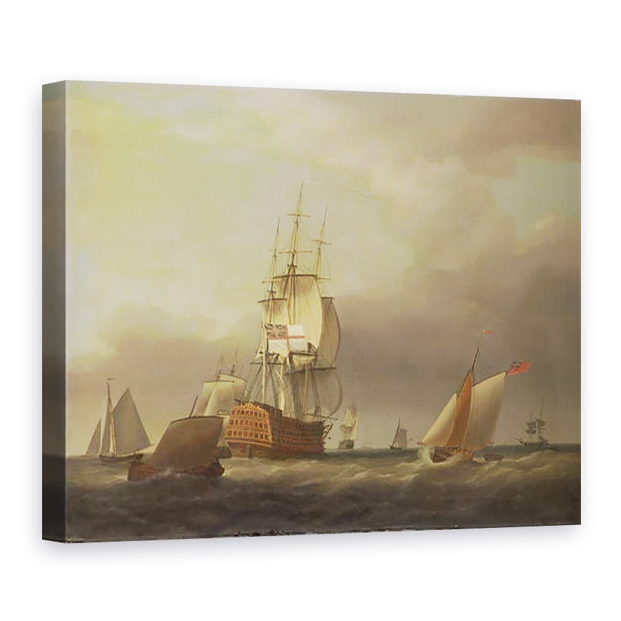 Tablou canvas - Francis Holman - Un peisaj marin cu oameni de razboi si ambarcatiuni mici, 60 x 80 cm