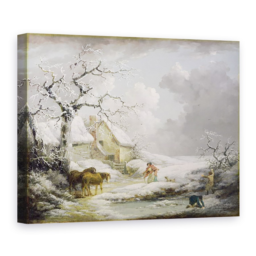 Tablou canvas - George Morland - Peisaj de iarna cu barbati snowballing o femeie veche, 50 x 70 cm