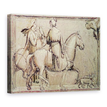 Tablou canvas - Giotto di Bondone - Alegorie de Justitie, inainte de restaurare detaliu a doi calareti care pleaca la vanatoare cu un soim, 75 x 100 cm Tablou canvas - Giotto di Bondone - Alegorie de Justitie, inainte de restaurare detaliu a doi calareti care pleaca la vanatoare cu un soim, 75 x 100 cm