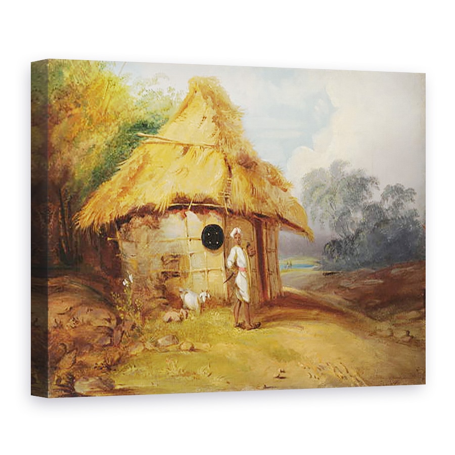 Tablou canvas - George Chinnery - Vedere in sudul Indiei, cu un razboinic in afara coliba lui, 75 x 100 cm