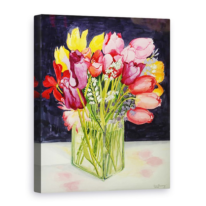 Tablou canvas - Joan Thewsey - Lalele si Bluebells intr-o cada de sticla dreptunghiulara, 2001, 60 x 80 cm