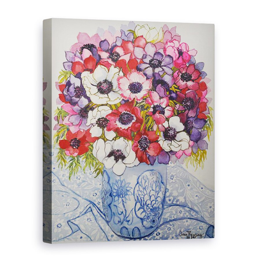 Tablou canvas - Joan Thewsey - Anemone in oala albastra si alba, cu textil albastru si alb, 2000, 50 x 70 cm