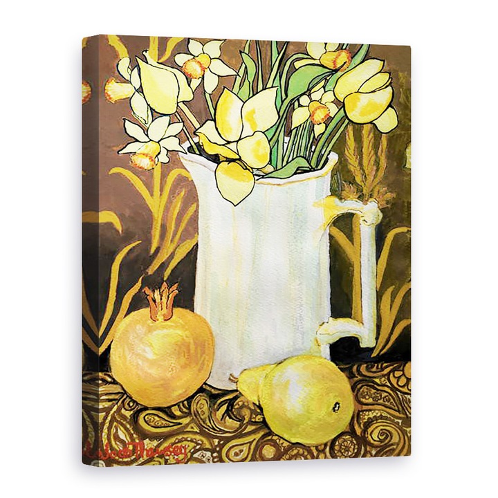 Tablou canvas - Joan Thewsey - Lalele si narcise intr-un ulcior alb, cu textile, 50 x 70 cm