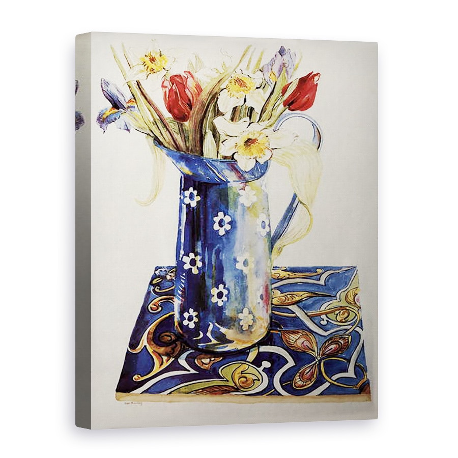 Tablou canvas - Joan Thewsey - Lalele, Iris si Narcis intr-un ulcior de email albastru cu o tigla italiana, 75 x 100 cm