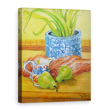 Tablou canvas - Joan Thewsey - Oala albastra si alba, Ulcior si Pere, 50 x 70 cm Tablou canvas - Joan Thewsey - Oala albastra si alba, Ulcior si Pere, 50 x 70 cm