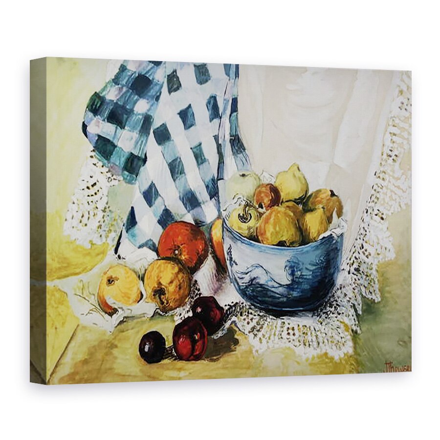 Tablou canvas - Joan Thewsey - Natura moarta cu un castron albastru, mere, pere, textile si dantela, 75 x 100 cm