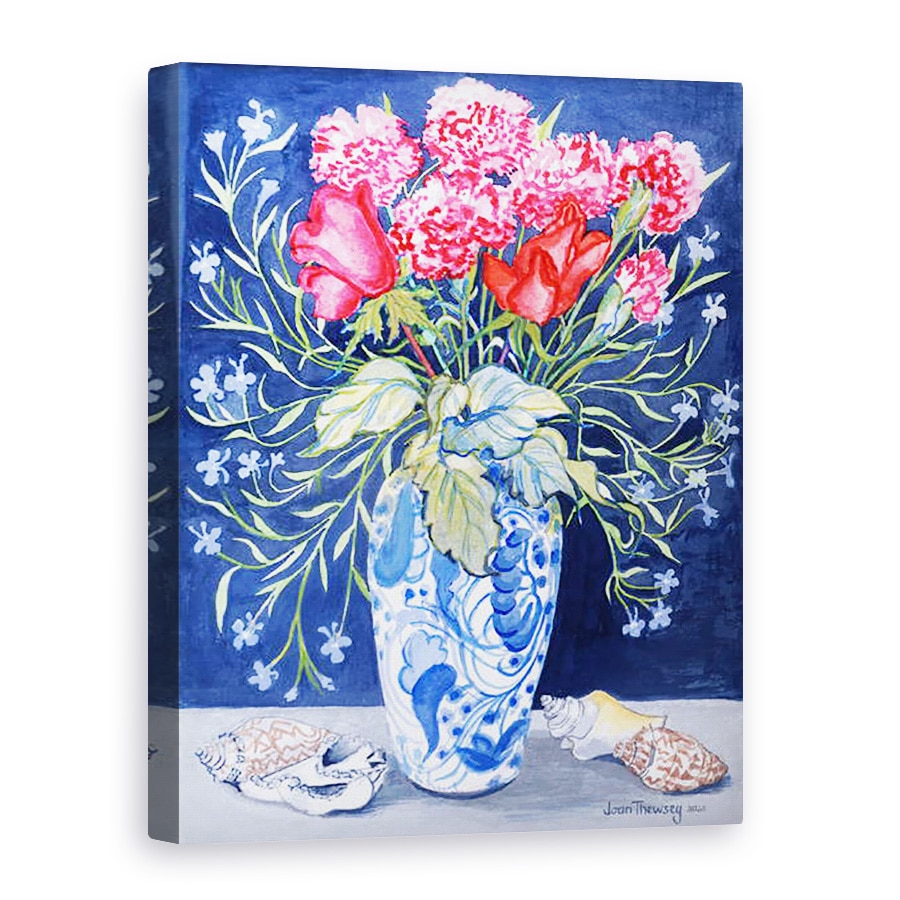 Tablou canvas - Joan Thewsey - Trandafiri, garoafe si Lobelia intr-o vaza albastra si alba, 50 x 70 cm