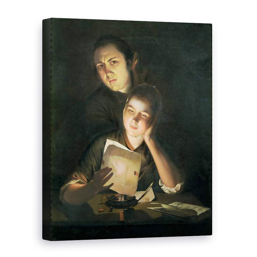 Tablou canvas - Joseph Wright - O fata citind o scrisoare de la lumina lumanarilor, cu un tanar care se holbeaza peste umar, 60 x 80 cm