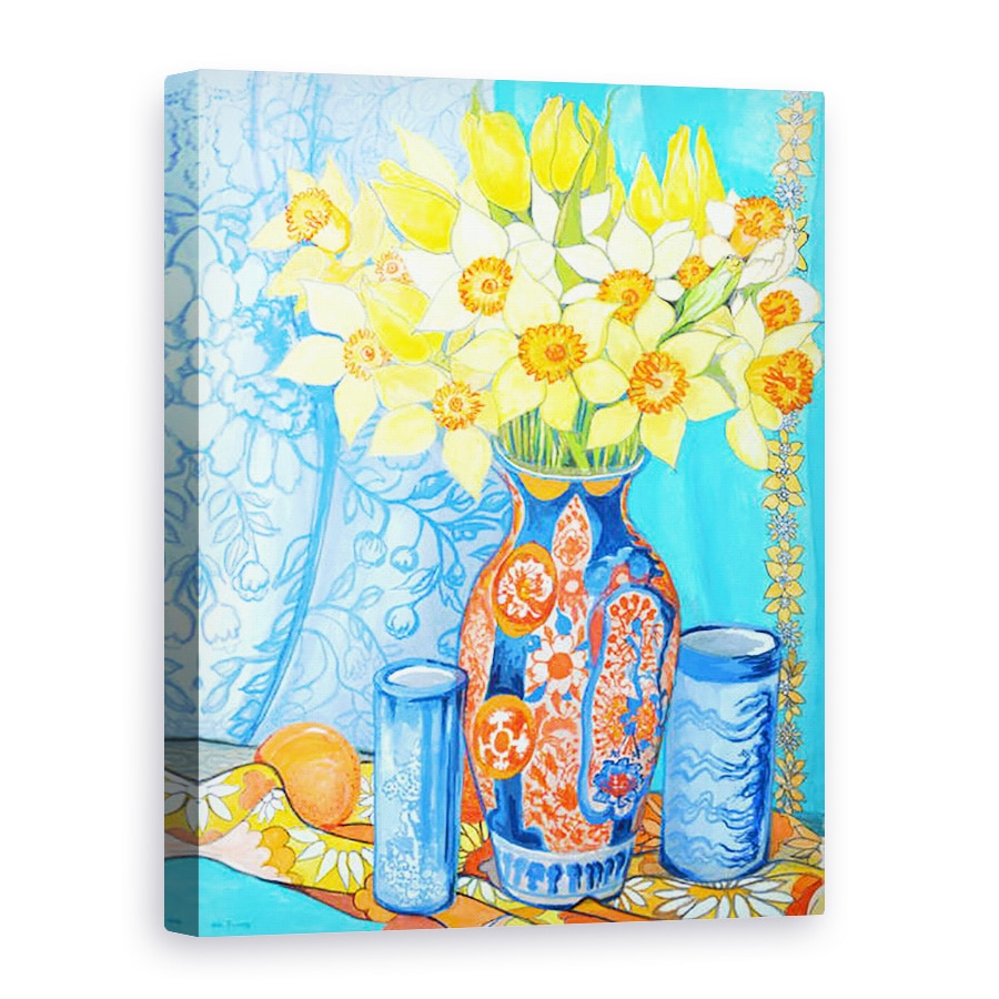Tablou canvas - Joan Thewsey - Narcisele si lalele intr-o vaza Imani, portocale si textile, 75 x 100 cm