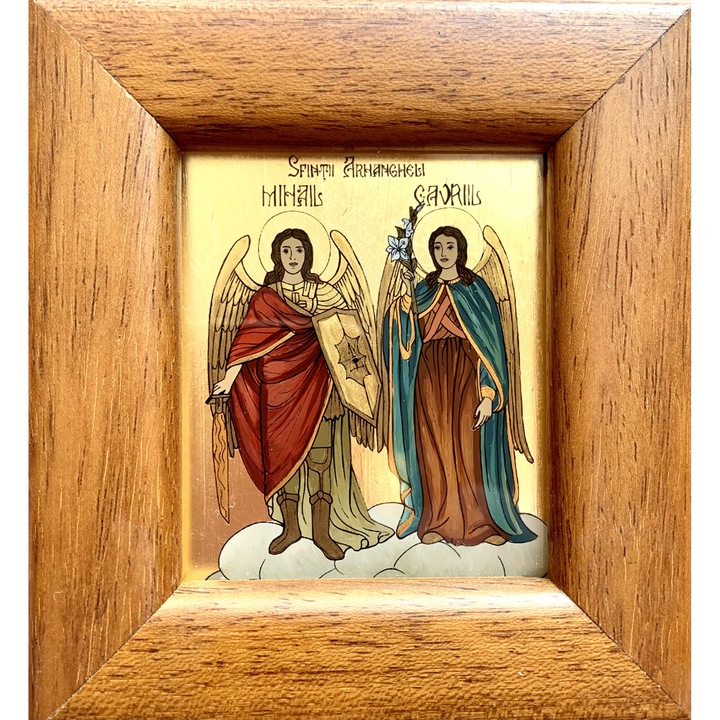 Icoana pictata manual pe sticla , Sfintii Arhangheli Mihail si Gavriil , 12x11 cm