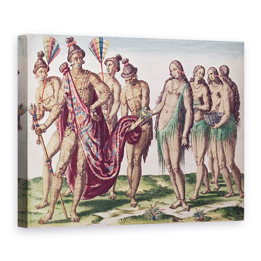 Tablou canvas - Jacques de Morgues Le Moyne - seful Satouriona si sotia sa merg la o plimbare, placa XXXIX din Brevis Narratio.., 60 x 80 cm