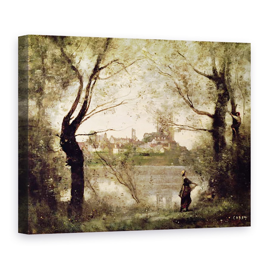 Tablou canvas - Jean Baptiste Camille Corot - Vedere a orasului si a Catedralei Mantes prin copaci, 60 x 80 cm