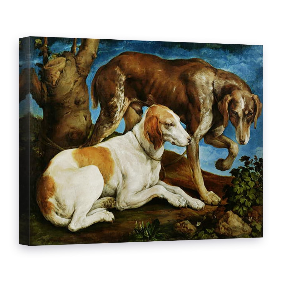 Tablou canvas - Jacopo Bassano - Doi caini de vanatoare legati de un ciot de copac, 50 x 70 cm