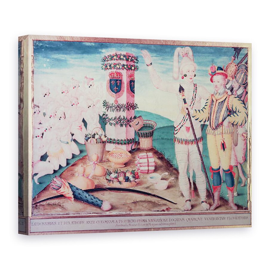 Tablou canvas - Jacques Le Moyne - Rene Goulaine de Laudonniere c.1529-82 si seful Athore in fata Coloanei lui Ribault, 75 x 100 cm