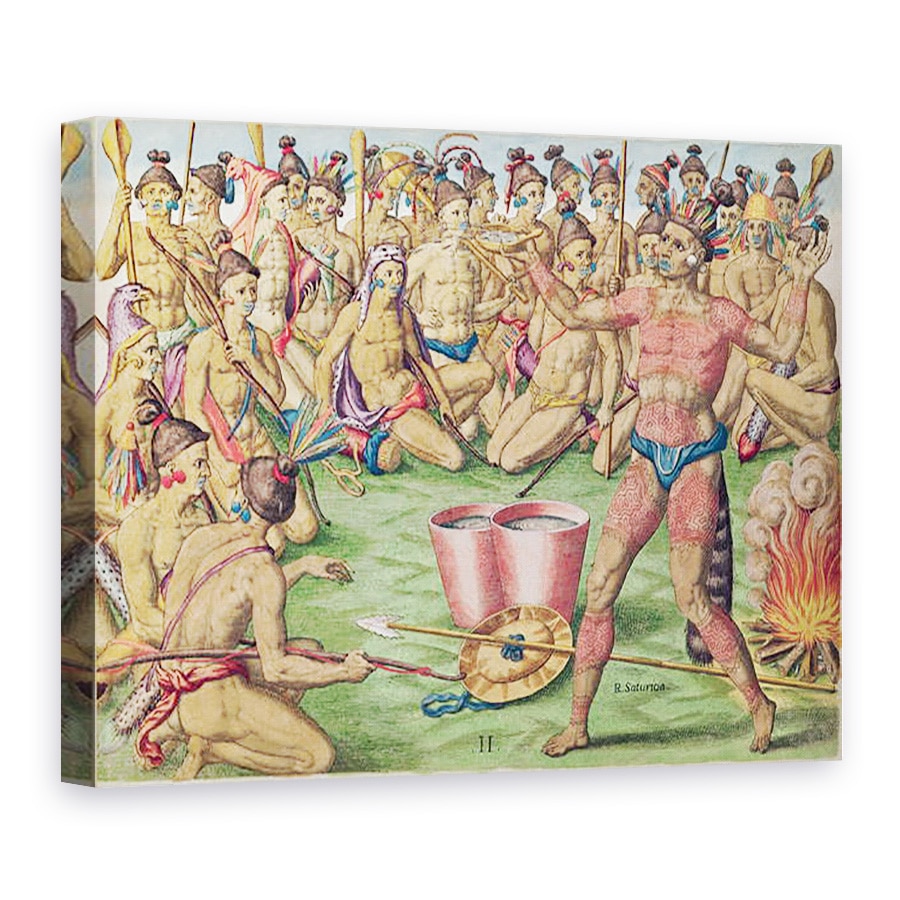 Tablou canvas - Jacques de Morgues Le Moyne - Satoutiona se pregateste de lupta, de la Brevis Narratio.., gravat de Theodore de Bry 1528-98 publicat la Frankfurt, 75 x 100 cm