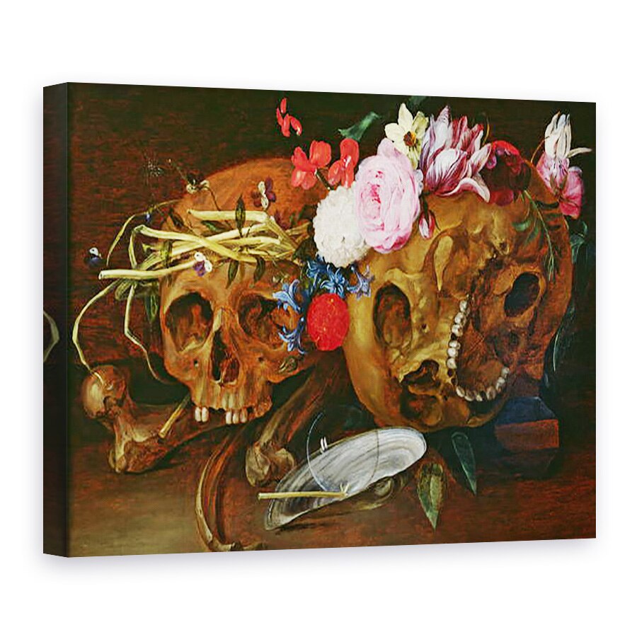 Tablou canvas - Nicolaes van Veerendael - Vanitas Natura moarta cu cranii, flori, o coaja de midii, 75 x 100 cm