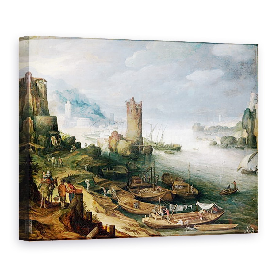Tablou canvas - Paul Brill - River Scene cu un turn ruinat, 75 x 100 cm