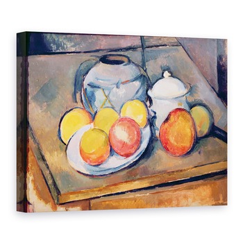 Tablou canvas - Paul Cezanne - Vaza acoperita cu paie, bol de zahar si mere, 75 x 100 cm Tablou canvas - Paul Cezanne - Vaza acoperita cu paie, bol de zahar si mere, 75 x 100 cm