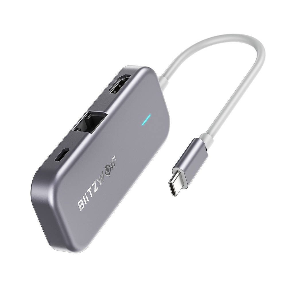 Adaptor Hub Blitzwolf 6in1, de la USB-C la 3xUSB 3.0, HDMI, RJ45, AUX, USB-C PD 3.0 100W